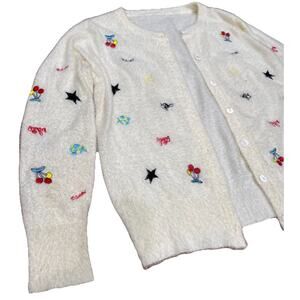 Cashmere&Wool White,Cardigan Sweater, Wmn SzS,embroidery,cottageCore Fuzzy Grany